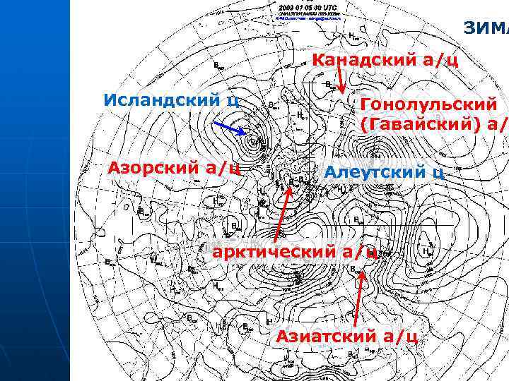 зима ЗИМА Канадский а/ц Исландский ц Азорский а/ц Гонолульский (Гавайский) а/ Алеутский ц арктический