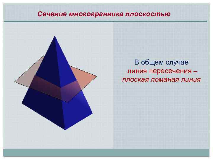 Сечение многогранника плоскостью В общем случае линия пересечения – плоская ломаная линия 