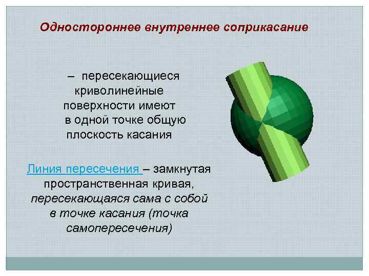 Одностороннее внутреннее соприкасание – пересекающиеся криволинейные поверхности имеют в одной точке общую плоскость касания