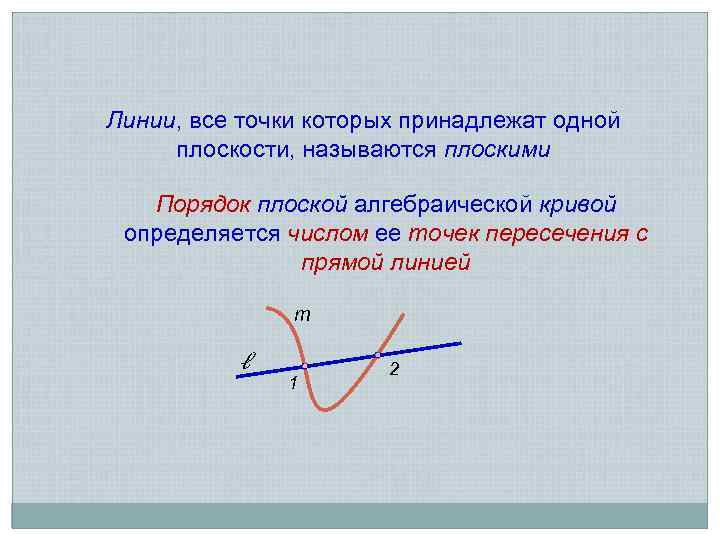 Линии, все точки которых принадлежат одной плоскости, называются плоскими Порядок плоской алгебраической кривой определяется