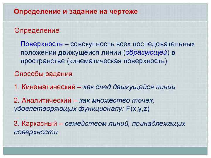 Определение и задание на чертеже Определение Поверхность – совокупность всех последовательных Поверхность положений движущейся