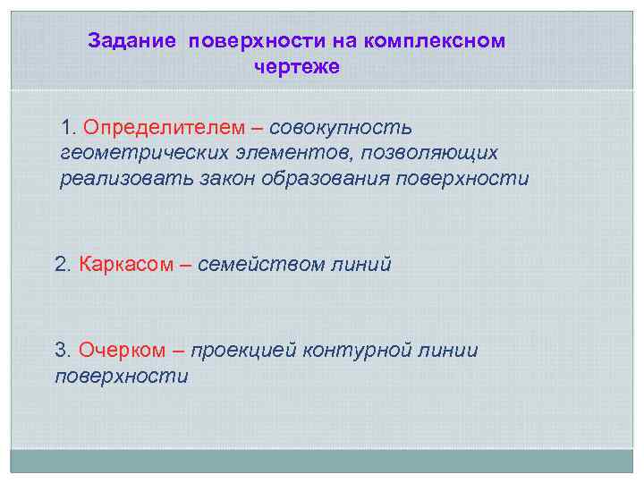 Задание поверхности на комплексном чертеже 1. Определителем – совокупность геометрических элементов, позволяющих реализовать закон