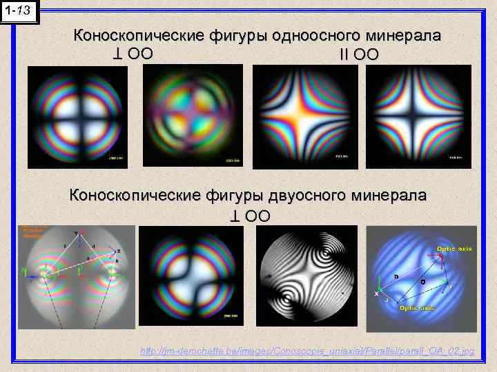 1 -13 Коноскопические фигуры одноосного минерала II OO OO T Коноскопические фигуры двуосного минерала