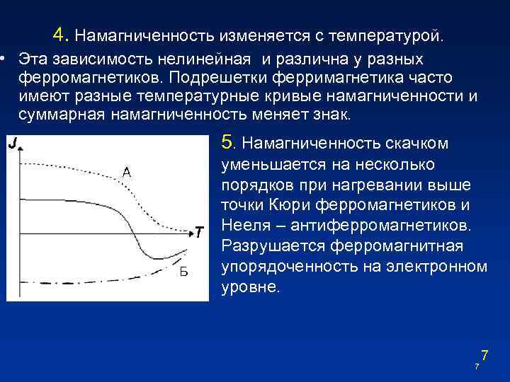 4. Намагниченность изменяется с температурой. • Эта зависимость нелинейная и различна у разных ферромагнетиков.