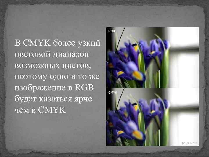 В CMYK более узкий цветовой диапазон возможных цветов, поэтому одно и то же изображение