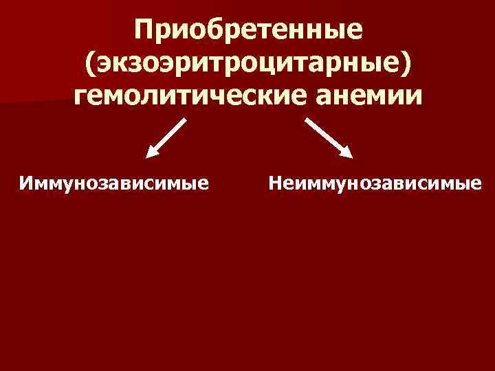 Приобретенные (экзоэритроцитарные) гемолитические анемии Иммунозависимые Неиммунозависимые 