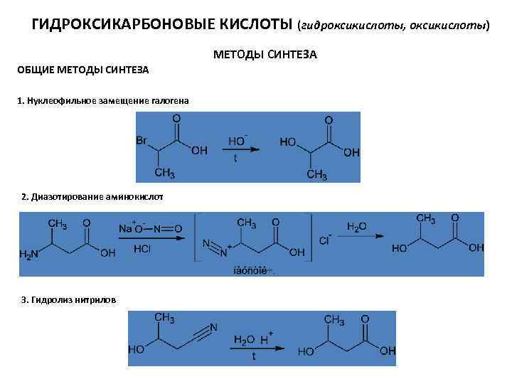 ГИДРОКСИКАРБОНОВЫЕ КИСЛОТЫ (гидроксикислоты, оксикислоты) МЕТОДЫ СИНТЕЗА ОБЩИЕ МЕТОДЫ СИНТЕЗА 1. Нуклеофильное замещение галогена 2.