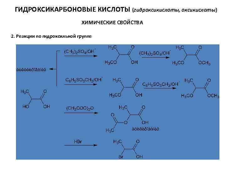 ГИДРОКСИКАРБОНОВЫЕ КИСЛОТЫ (гидроксикислоты, оксикислоты) ХИМИЧЕСКИЕ СВОЙСТВА 2. Реакции по гидроксильной группе 