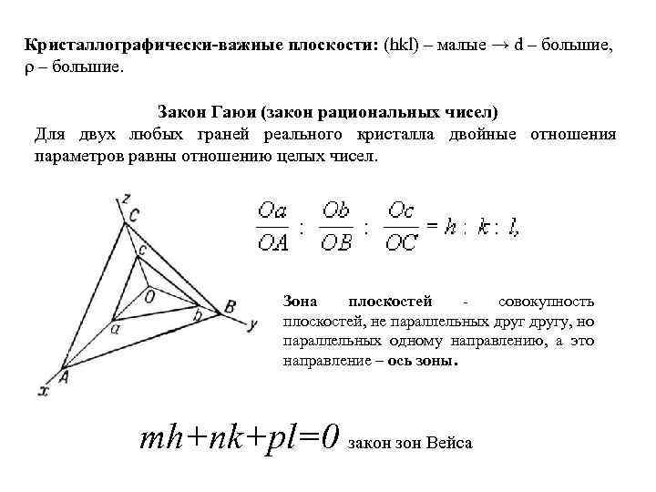 Кристаллографически-важные плоскости: (hkl) – малые → d – большие, ρ – большие. Закон Гаюи