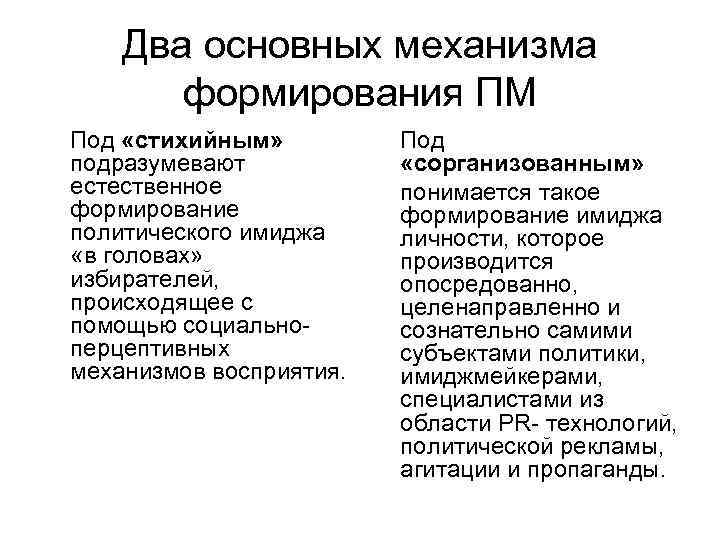 Два основных механизма формирования ПМ Под «стихийным» подразумевают естественное формирование политического имиджа «в головах»