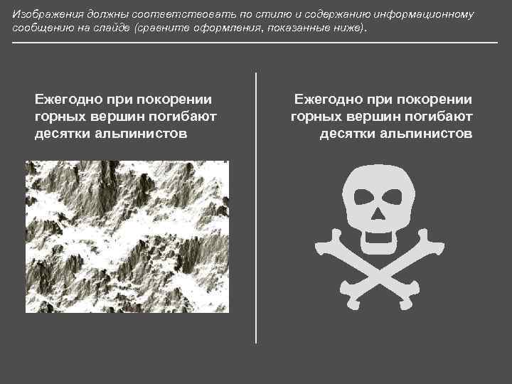 Изображения должны соответствовать по стилю и содержанию информационному сообщению на слайде (сравните оформления, показанные