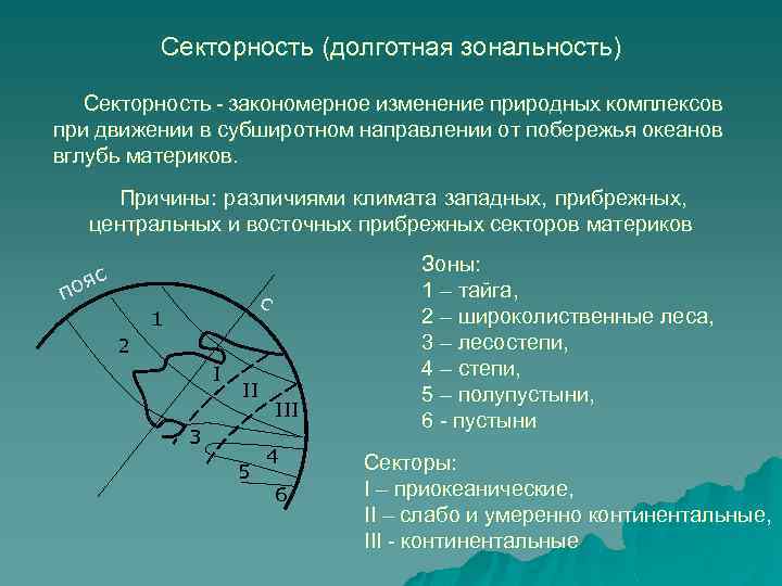 Закономерная смена природных комплексов. Секторность ландшафтов. Физико географическая секторность. Секторная зональность. Долготная секторность.