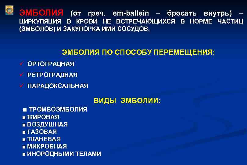 Впишите в схему виды эмболий и укажите природу эмбола