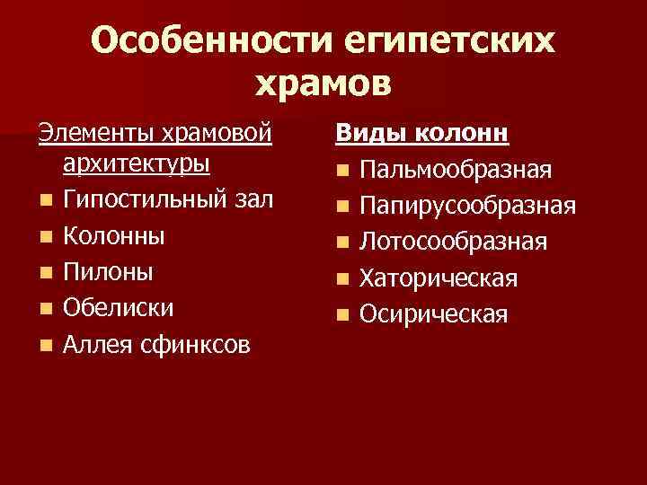 Особенности египетских храмов Элементы храмовой архитектуры n Гипостильный зал n Колонны n Пилоны n