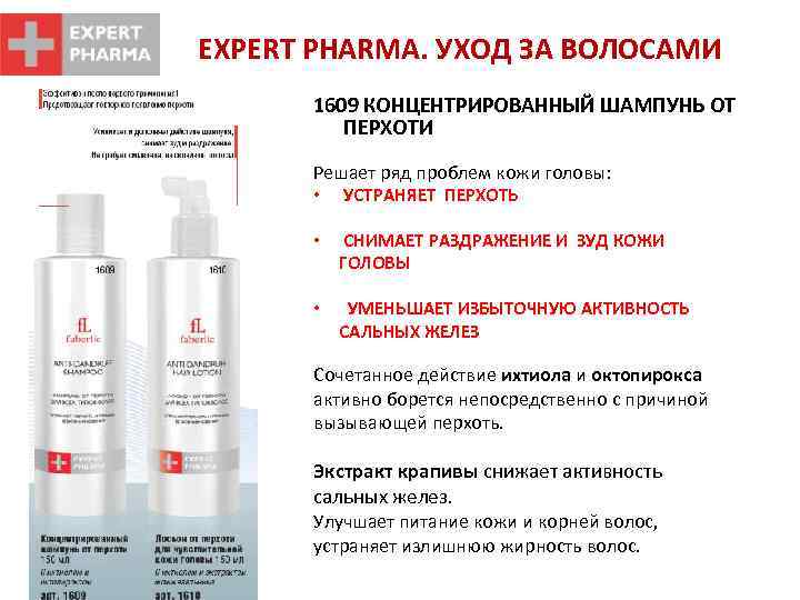 EXPERT PHARMA. УХОД ЗА ВОЛОСАМИ 1609 КОНЦЕНТРИРОВАННЫЙ ШАМПУНЬ ОТ ПЕРХОТИ Решает ряд проблем кожи