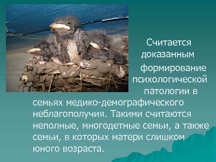 Считается доказанным формирование психологической патологии в семьях медико-демографического неблагополучия. Такими считаются неполные, многодетные семьи,