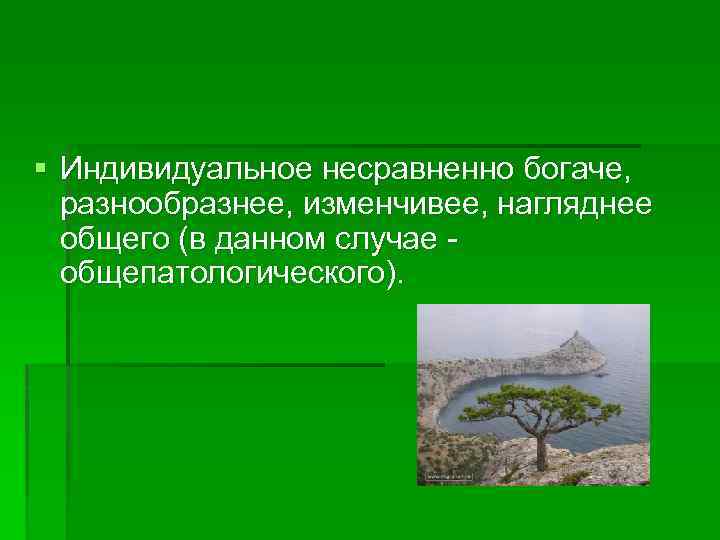 § Индивидуальное несравненно богаче, разнообразнее, изменчивее, нагляднее общего (в данном случае общепатологического). 