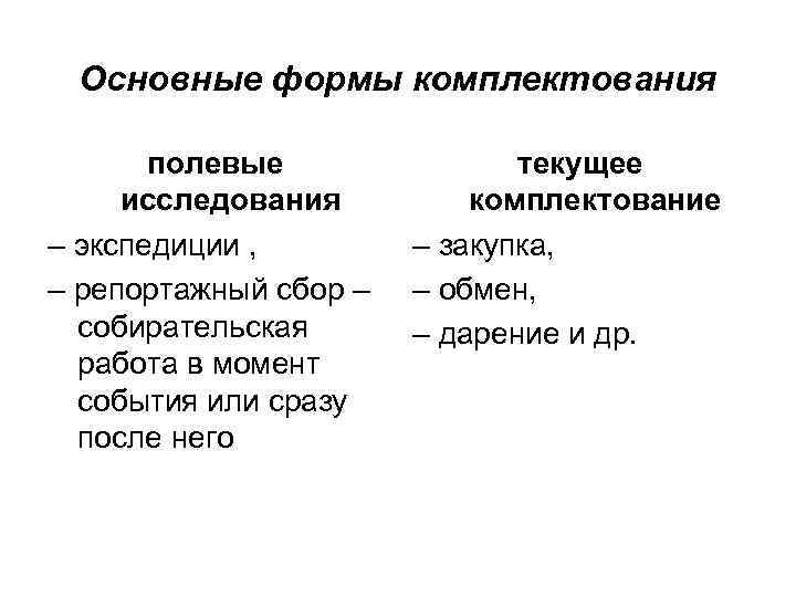 Основные формы комплектования полевые исследования – экспедиции , – репортажный сбор – собирательская работа