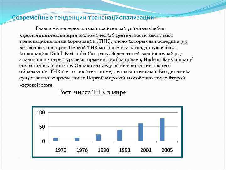 Современные тенденции транснационализации Главными материальными носителями усиливающейся транснационализации экономической деятельности выступают транснациональные корпорации (ТНК),