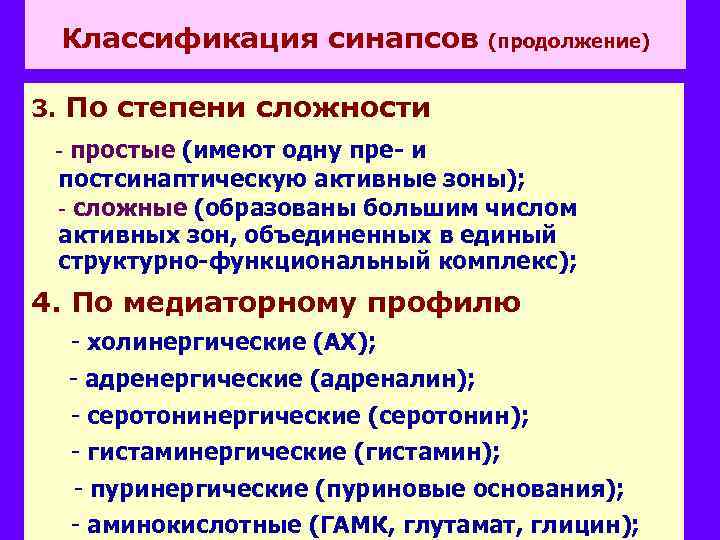 Классификация синапсов (продолжение) 3. По степени сложности - простые (имеют одну пре- и постсинаптическую