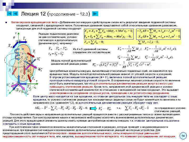 Лекция 12 (продолжение – 12. 3) ■ Балансировка вращающегося тела – Добавление сил инерции