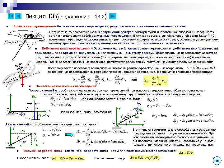 Лекция 13 (продолжение – 13. 2) ■ Возможные перемещения – бесконечно малые перемещения, допускаемые