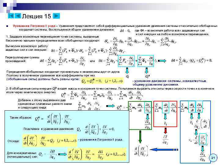Лекция 15 ■ Уравнение Лагранжа II рода – Уравнения представляют собой дифференциальные уравнения движения