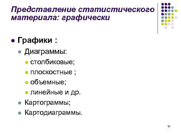 Представление статистического материала: графически l Графики : l Диаграммы: столбиковые; l плоскостные ; l