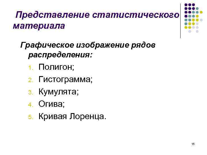 Представление статистического материала Графическое изображение рядов распределения: 1. 2. 3. 4. 5. Полигон; Гистограмма;