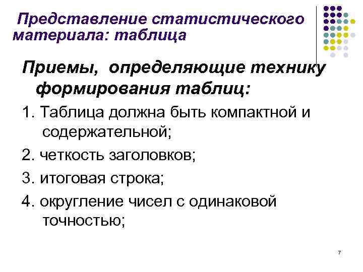 Представление статистического материала: таблица Приемы, определяющие технику формирования таблиц: 1. Таблица должна быть компактной