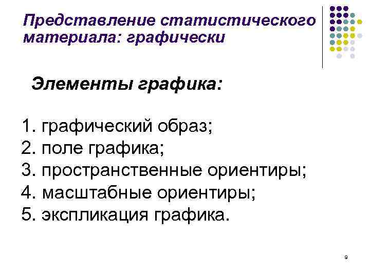 Представление статистического материала: графически Элементы графика: 1. графический образ; 2. поле графика; 3. пространственные