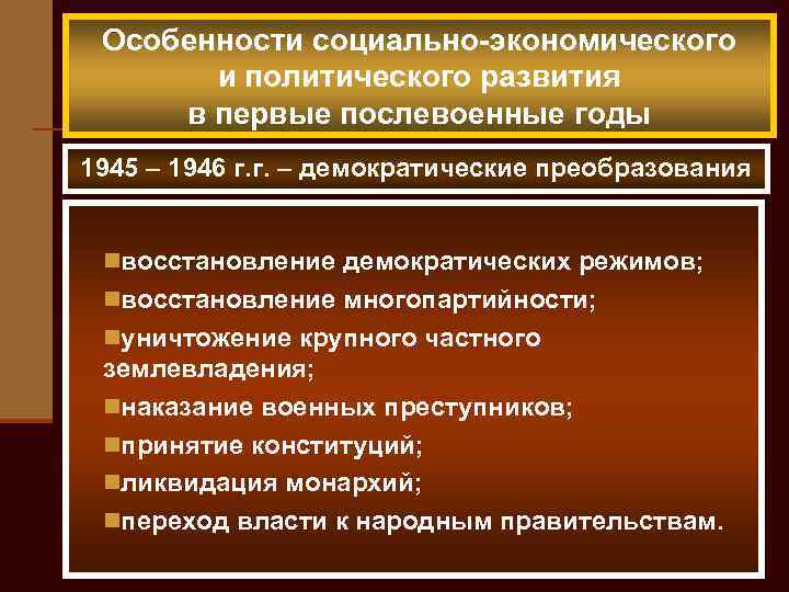 Особенности социально-экономического и политического развития в первые послевоенные годы 1945 – 1946 г. г.