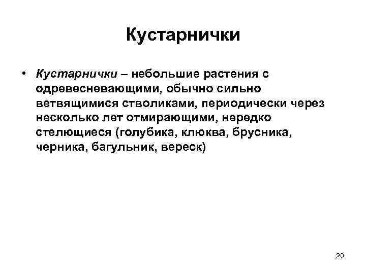 Кустарнички • Кустарнички – небольшие растения с одревесневающими, обычно сильно ветвящимися стволиками, периодически через