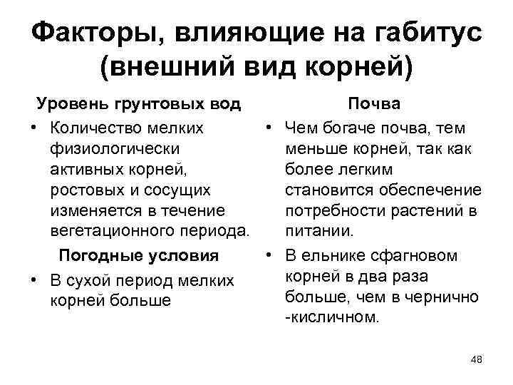 Факторы, влияющие на габитус (внешний вид корней) Уровень грунтовых вод Почва • Количество мелких