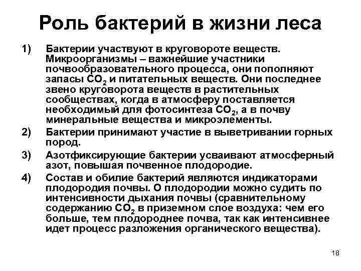 Роль бактерий в жизни леса 1) 2) 3) 4) Бактерии участвуют в круговороте веществ.