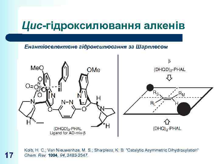 Цис-гідроксилювання алкенів Енантіоселектвне гідроксилювання за Шарплесом 17 Kolb, H. C. ; Van Nieuwenhze, M.