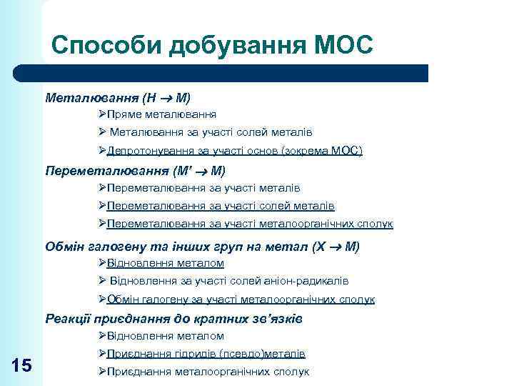 Способи добування МОС Металювання (Н М) ØПряме металювання Ø Металювання за участі солей металів