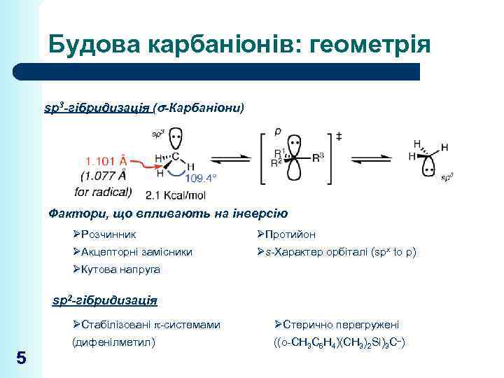 Будова карбаніонів: геометрія sp 3 -гібридизація ( -Карбаніони) Фактори, що впливають на інверсію ØРозчинник