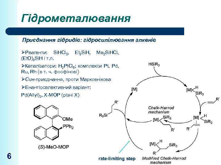 Гідрометалювання Приєднання гідридів: гідросилілювання алкенів ØРеагенти: Si. HCl 3, Et 3 Si. H, Me