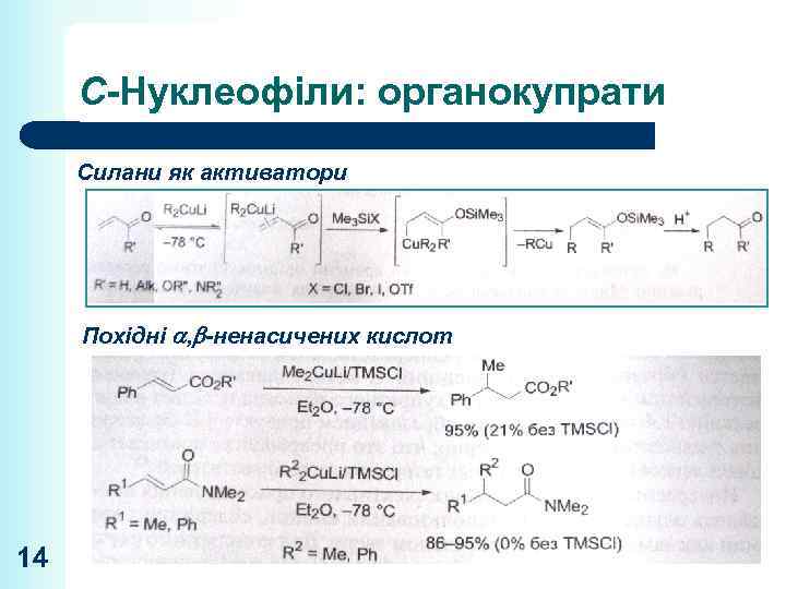 С-Нуклеофіли: органокупрати Силани як активатори Похідні , -ненасичених кислот 14 