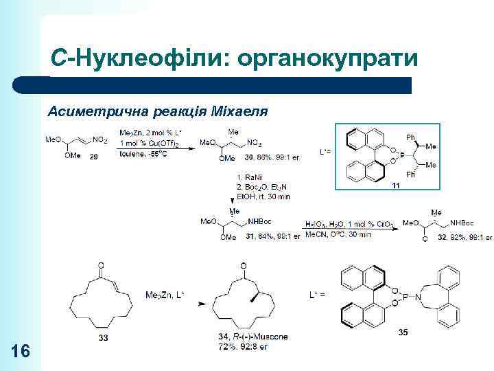 С-Нуклеофіли: органокупрати Асиметрична реакція Міхаеля 16 