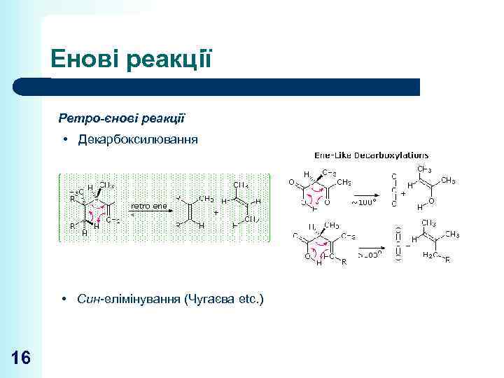 Енові реакції Ретро-єнові реакції • Декарбоксилювання • Син-елімінування (Чугаєва etc. ) 16 