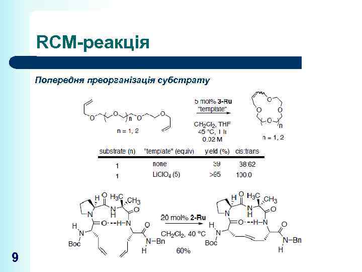 RCM-реакція Попередня преорганізація субстрату 9 