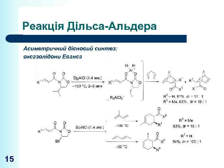 Реакція Дільса-Альдера Асиметричний дієновий синтез: оксазолідони Еванса 15 