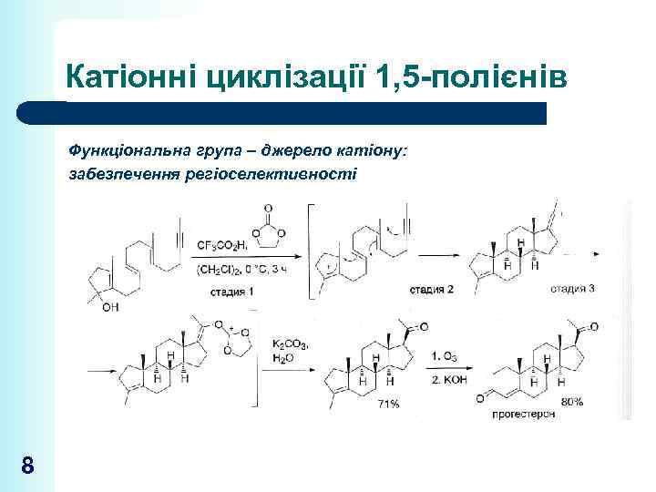Катіонні циклізації 1, 5 -полієнів Функціональна група – джерело катіону: забезпечення регіоселективності 8 