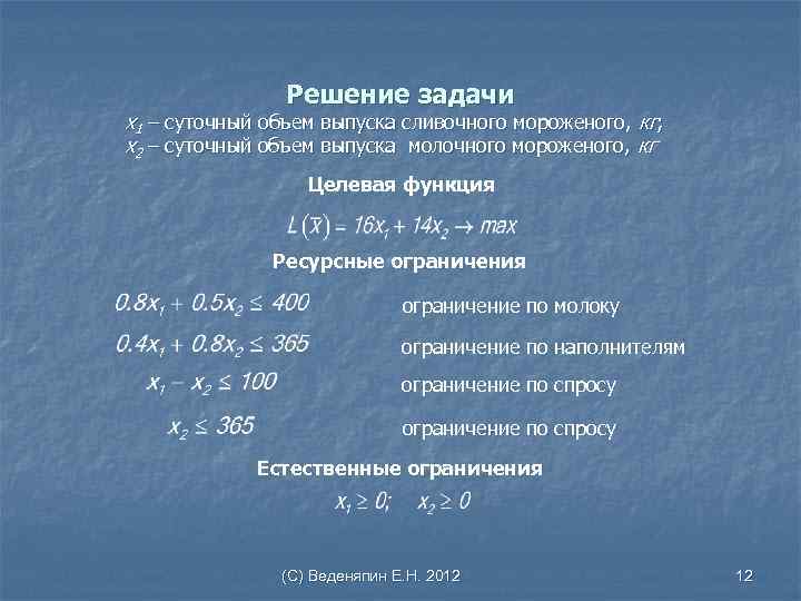 Решение задачи х1 – суточный объем выпуска сливочного мороженого, кг; х2 – суточный объем