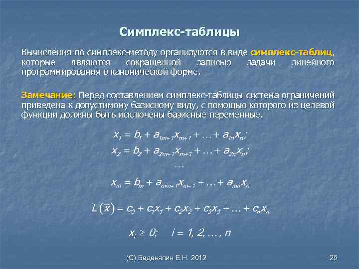 Симплекс-таблицы Вычисления по симплекс-методу организуются в виде симплекс-таблиц, которые являются сокращенной записью задачи линейного