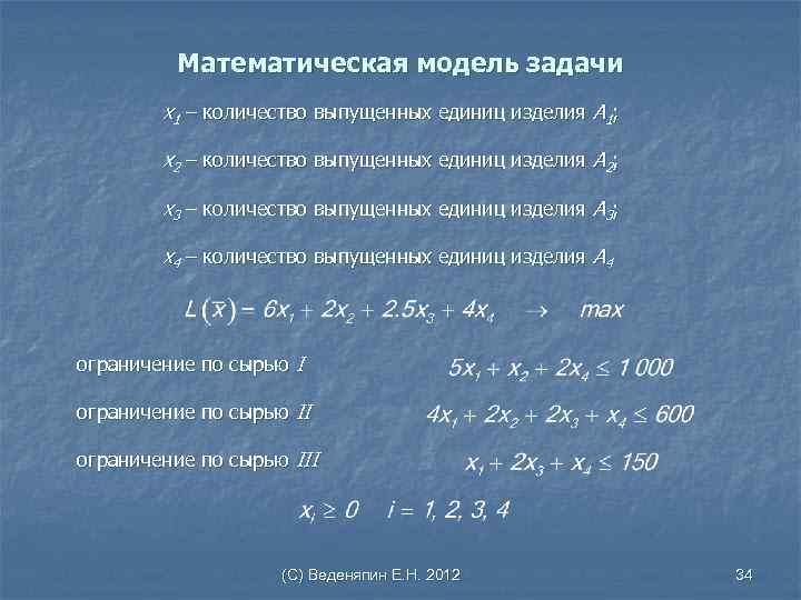 Математическая модель задачи х1 – количество выпущенных единиц изделия А 1; х2 – количество