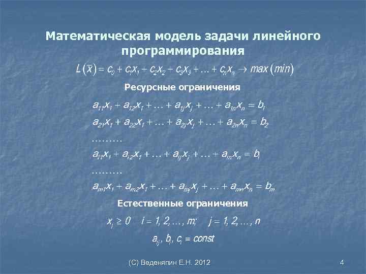 Математическая модель задачи линейного программирования Ресурсные ограничения Естественные ограничения (С) Веденяпин Е. Н. 2012