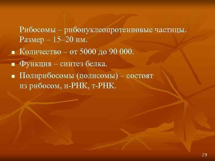 n n n Рибосомы – рибонуклеопротеиновые частицы. Размер – 15– 20 нм. Количество –